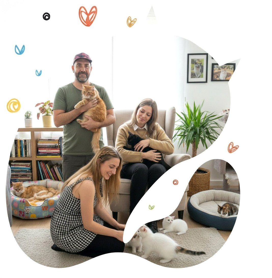 Tres personas del equipo con sus gatos